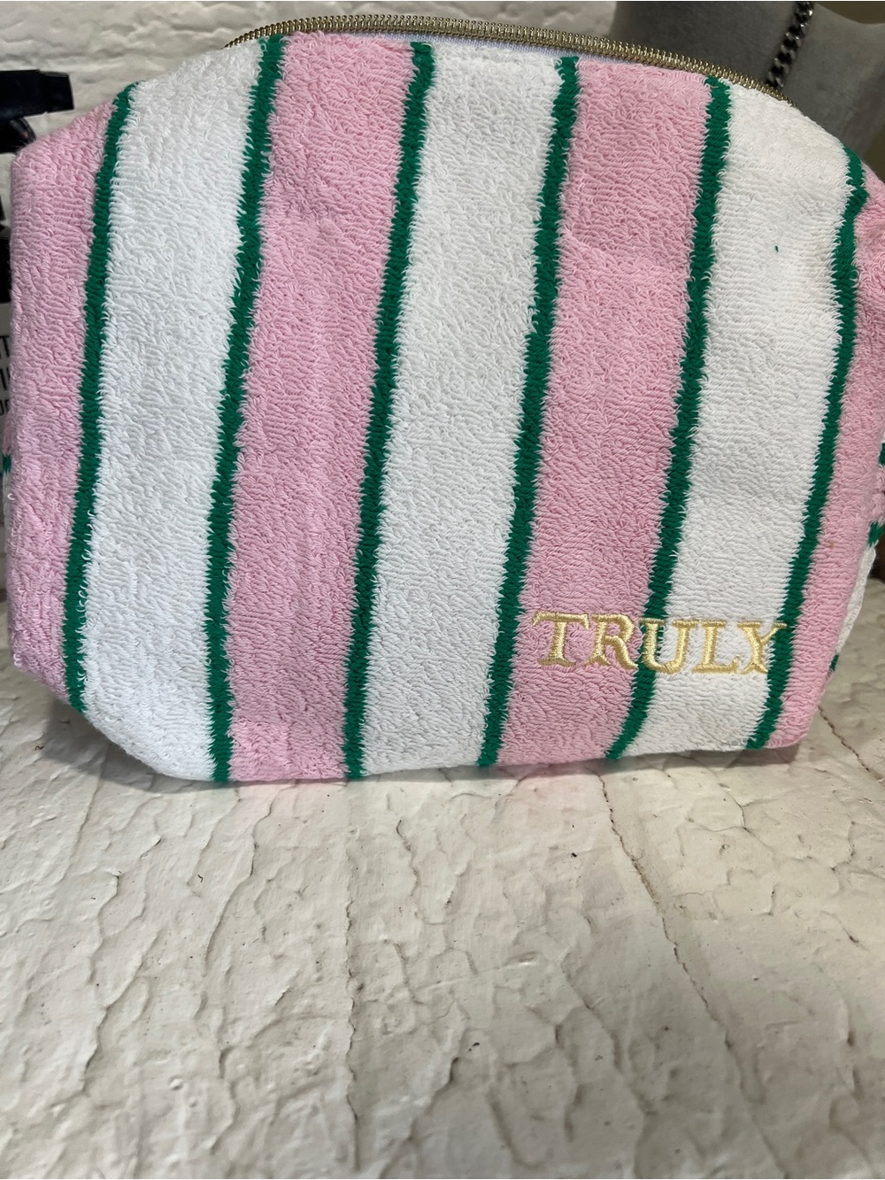 TRULY Pink, White & Green Striped Terry Cosmetic Pouch